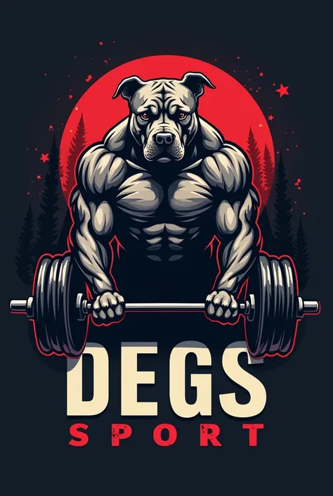 A logo for a t-shirt with a muscular pitbull and weight bench . Name of the company DEGS Sport , Slogan Push Your Limits 