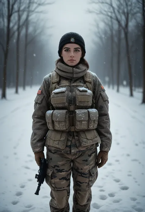 a beautiful brunette soldier girl, wearing winter camo military gear, camo plate carrier rig, combat gloves, AR-15, during a snow storm, beautiful, moody lighting, best quality, full body portrait, real picture, intricate details, depth of field, in a cold...