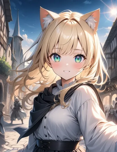 ((style:Colored pencil,pale colour)),(anime)、(masterpiece:1.2),atmospheric perspective,lens flare、Otherworldly fantasy、Medieval style cityscape、Medieval style costume、RPG World、Adventurous girl、Cat ear、Blonde、Clear emerald eyes、Look at me and pose cutely、c...