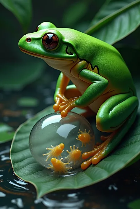  illustrates a leaf with a glass frog egg laying. As the larvae hatch, They gather in the water. The larger or more aggressive tadpoles begin to capture and consume the smaller ones., in a process that can be quite violent. This behavior ensures that only ...