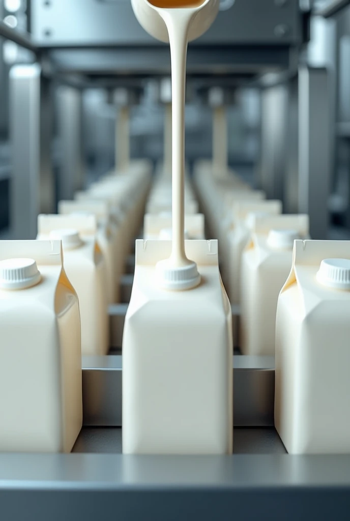 Generate an image of several open milk cartons receiving soy milk on a production line. 
