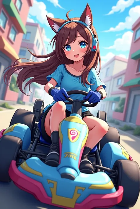 nime girl,long brown hair,blue eyes,streemer headphones cat ears,blue short shirt,black short pants,short sleeves,blue gloves,blue boots she drive a go kart