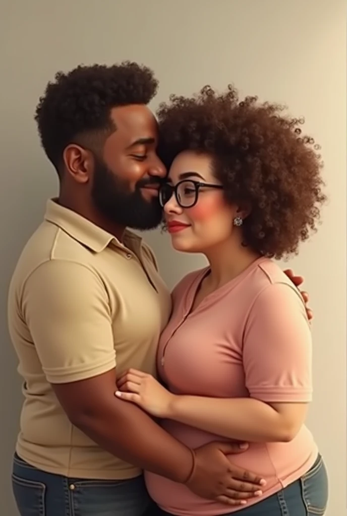 couple, a fat man with brown skin, with short curly hair and a fat girl with white skin and curly hair who wears glasses