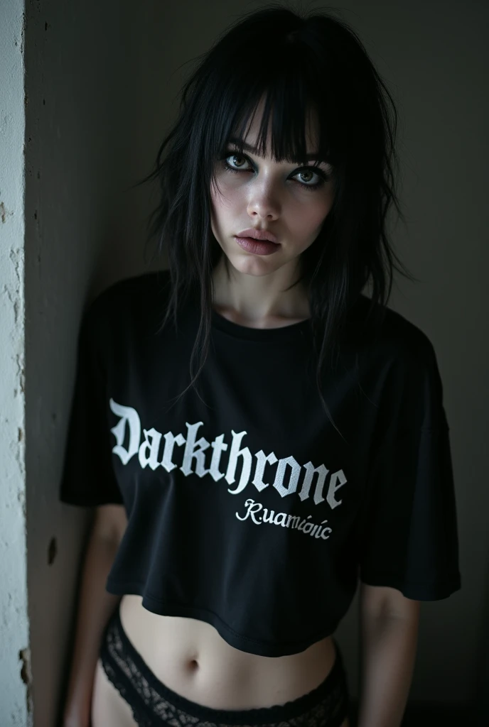 Gothic girl with a Darkthrone band shirt and lingerie with Ruan written on her ass 