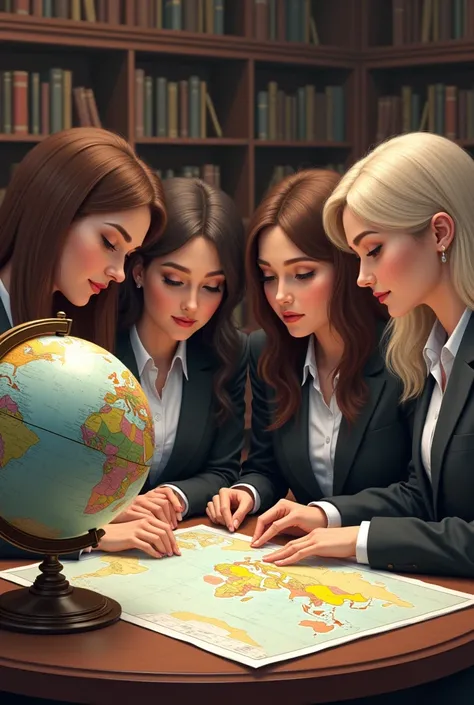 4 female teachers, adult and beautiful two brunettes and the other lighter ones from social sciences, looking at a globe and a map of the world while sitting in a library