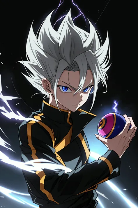 Seeing of the right, adult male, a character up to the waist, holding a black dark sphere of energy with white lightning parts like a lightning bolt illuminating around the sphere and in the middle of it, as if it were destroying the sphere and dodging, bu...