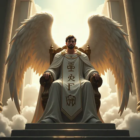 Create a male angel sitting on a throne with a serious face and holding a banner with the words 8AF written on it.