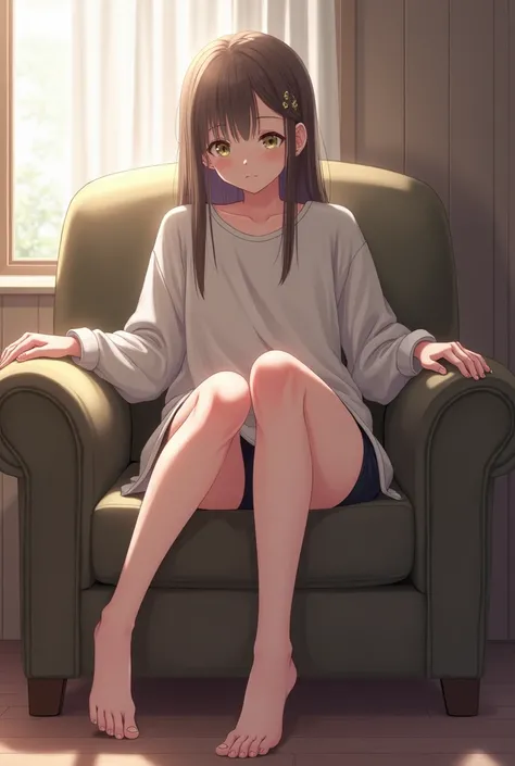 A girl who is sitting on an armchair who has to be wearing a large shirt and black long-sleeved panties with large thighs and no shoes and shows her feet and in an anime style so that her toenails do not stand out.