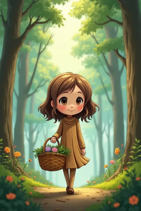 Could you please generate an cartoon image of a little anime girl alive made of wood, with brown and wavy long hair, 1m50 tall, carrying a basket in which she stores peoples sorrows. In a forest decor.