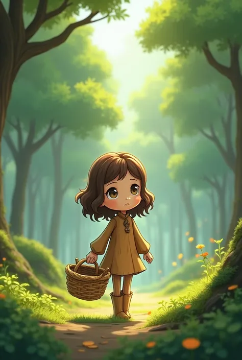 Could you please generate an cartoon image of a little anime girl alive made of wood, with brown and wavy long hair, 1m50 tall, carrying a basket in which she stores peoples sorrows. In a forest decor.