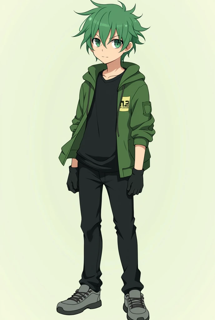 anime boy,short green hair,black shirt,green jacket,black pants,gray shoes,black gloves,green eyes