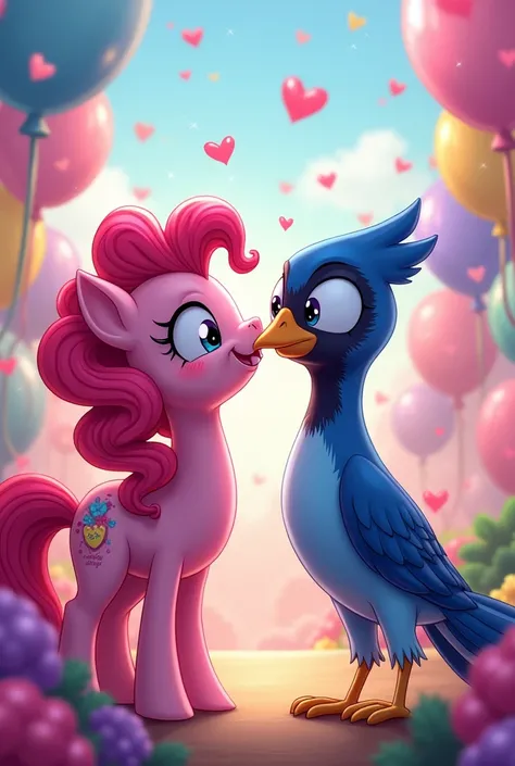 Make me a picture of pinkie pie kissing mordecai