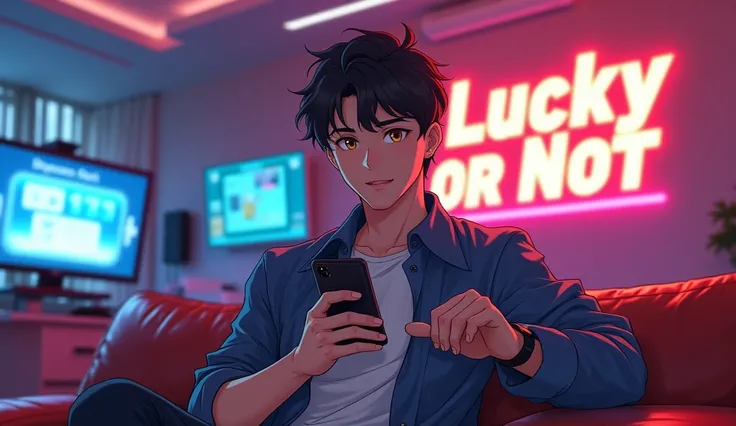 A boy playing in a luxurious playroom .com vibe .and on the wall behind him it says lucky or not Make the inspire more visible Make the boy more handsome and his age is 22 He is playing on a phone Blur his face This photo is of his background, from behind ...