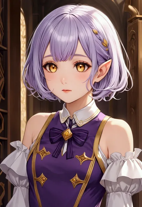 （（Purple-silver hair color）），Golden eyes，the elf，short hair，Attention to facial details，offcial dress，Very small breasts, magic academy, very shy