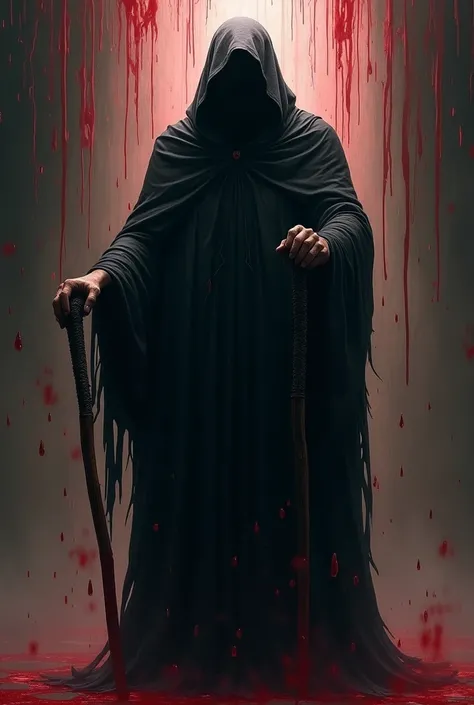 Mysterious man with a cane and a black cloak down in a shower of blood