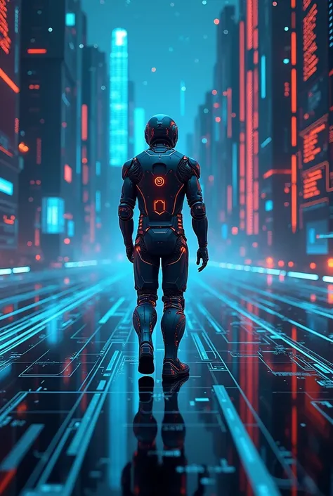 “Futuristic AI Technology Concept - A high-tech, sleek digital interface with AI elements like neural networks and data streams. Include a robot or AI avatar in the center, vibrant colors, and a modern design.”