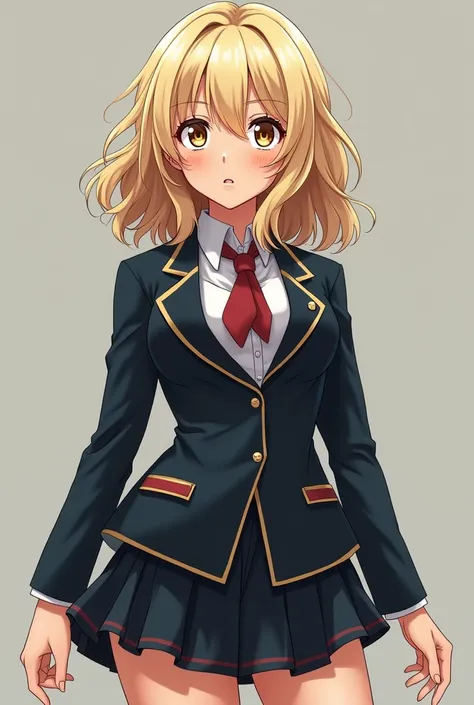 Create an mha character that has wavy blonde hair that has bangs and brown eyes, that the body is curvy and voluminous and that it has the my hero academy uniform. That the entire body can be seen