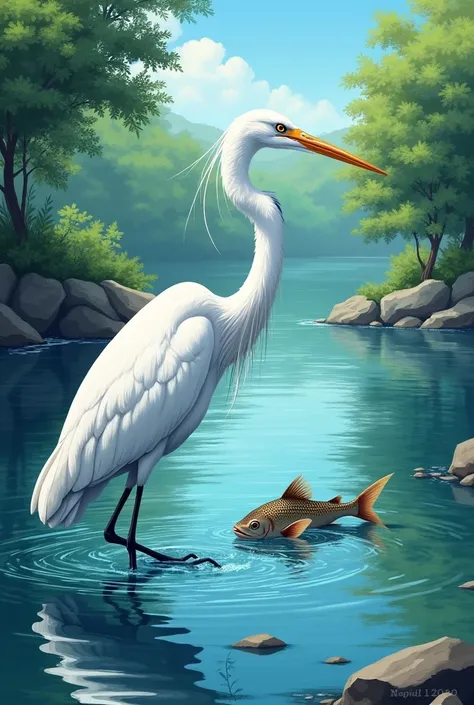 *Illustration of the Predation Relationship*:

- *White Heron (Predator)*: The white heron specializes in fishing. In their search for food, Watch the river water for fish.
- *pez (Jack)*: The fish is the hunting target of the white heron. When the heron s...