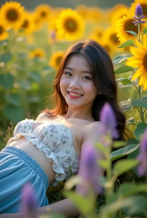 High-quality Realistic of thai woman, Beautiful girl (((large breast , big breast , nsfw))) , Best Quality,  A young Thai woman dark long hair , ((large breast , big breast , nsfw))
medium shot ,
wearing with long brown hair is lie down on sunflower fields...