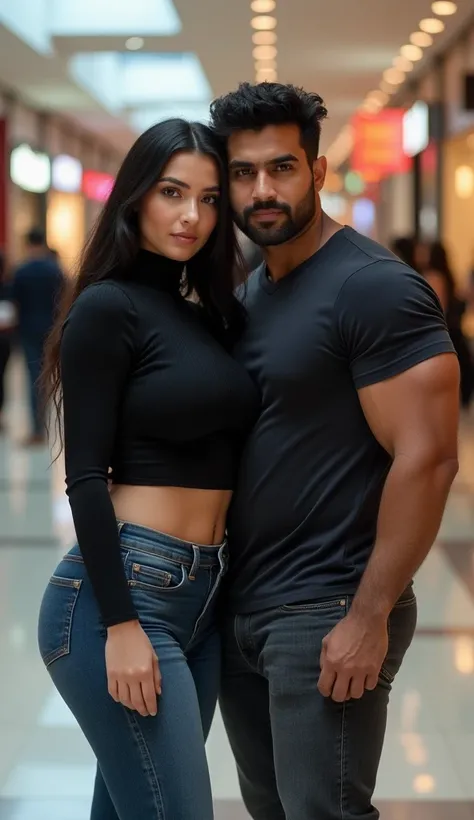 Woman with a indian muscular man, Short hot sexy round face russian white curvy milf with long straight black hair, big breast, big hip, big ass, thick thighs, woman wearing turtleneck full hand top and tight jean, indian man wearing t-shirt and pant, in m...