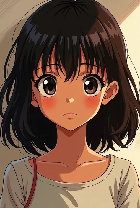  girl with dark brown hair and dark skin, black and almond-shaped eyes, Thick eyebrows big nose and lips 80s anime