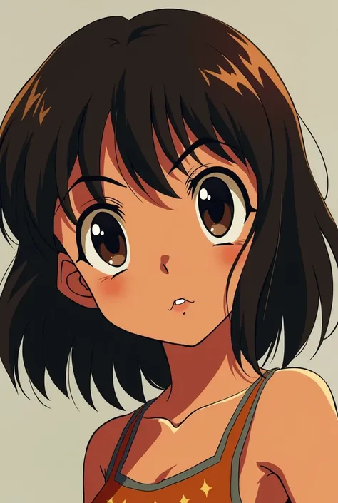  girl with dark brown hair and dark skin, black and almond-shaped eyes, Thick eyebrows big nose and lips 80s anime