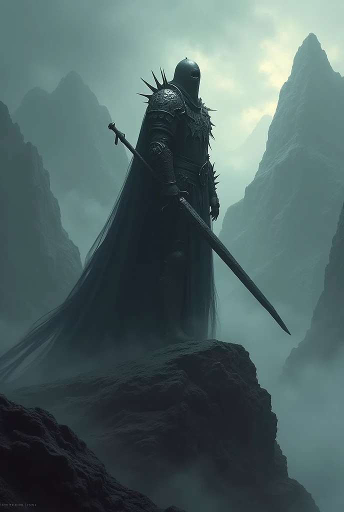 Generate me the image of a warrior as if it were dark art, dark, From medieval times, with armor and elongated sword, I want him to be on top of a dark mountain where he is about to unsheathe his sword., to prepare for the final boss fight