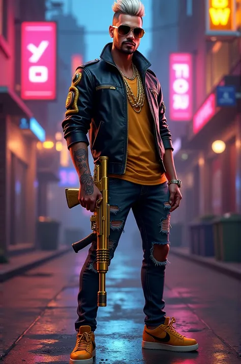 A Free Fire character inspired by Yo Yo Honey Singh, wearing a black leather jacket with golden accents, ripped jeans, and designer sneakers. He has slicked-back hair with platinum streaks, gold chain, sunglasses, and a visible microphone tattoo on his for...