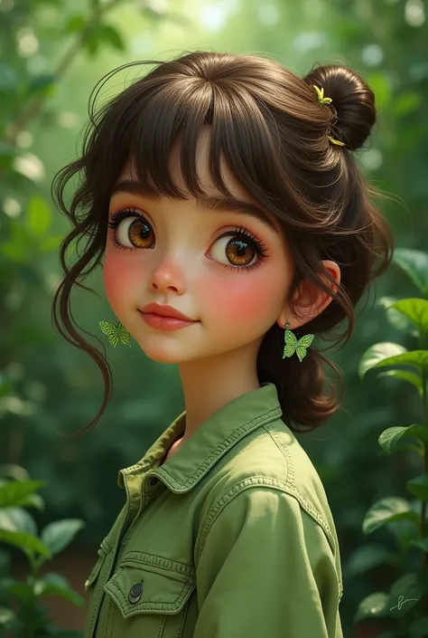 generate an image of a short realistic girl, who loves the color green and van gog, has hair on the back of his neck, eyebrows to do, Has full lips, brown eyes, big teeth but not that much, wears green butterfly earrings and bangs