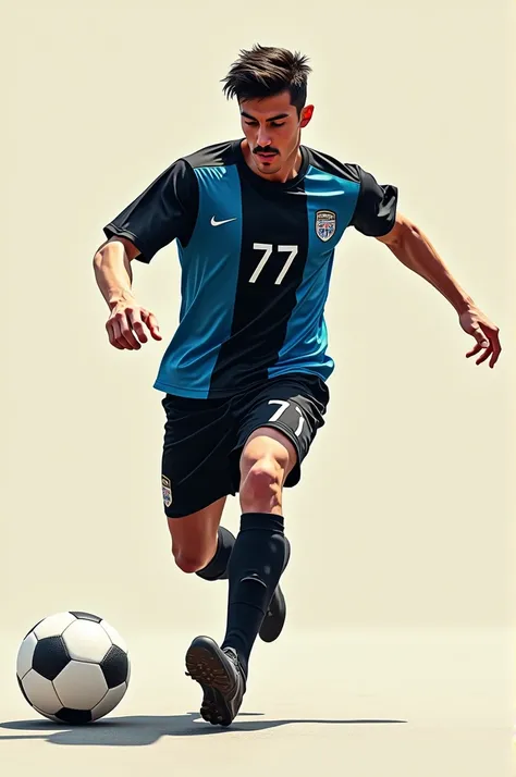 Create the image of a futsal player , highlight him kicking the ball , highlight on the uniform the number 77 uniform colors black and blue , player appearance skin color white , hair brushed to the right , young man&#39;s face , moustache , slim physique....