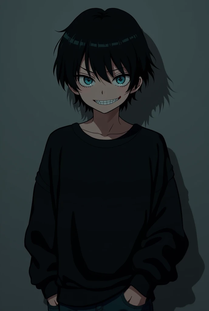 Anime of a boy with chin-length black hair, with blue eyes and a psychopathic smile, wearing a black sweatshirt and jeans.