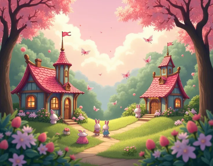 A small magical village, with little rabbit houses, lots of magic in the air, a pink sky with fairies 