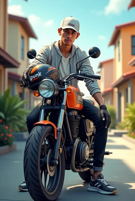 Sent by you:

please make realistic photos, best quality. 30 year old Indonesian man, small face shape, body normal, short neck, wearing a white baseball cap, wearing a racing jacket and black jeans, wear gloves, sitting sideways leaning on a cool motorbik...