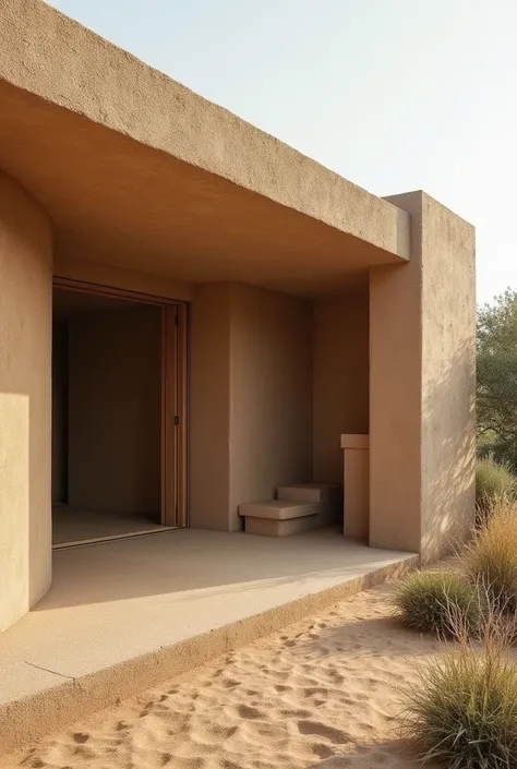 an environment of a house made with natural materials and a lot of use of earth in the beaten earth walls in a minimalist internal environment. a roof house