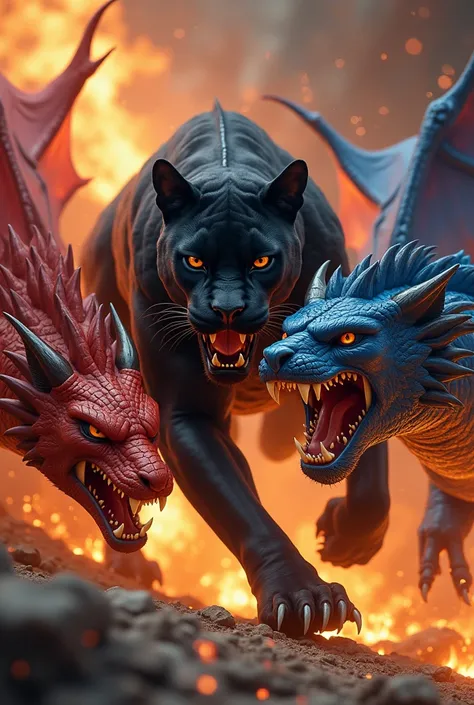 Strong panther beating red and blue dragon with flames in background 