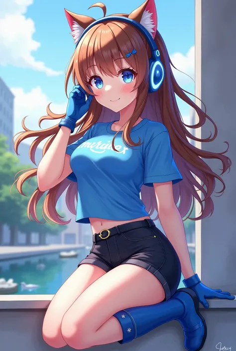 anime girl,long brown hair,blue eyes,streemer headphones cat ears,blue short shirt,black short pants,short sleeves,blue gloves,blue boots