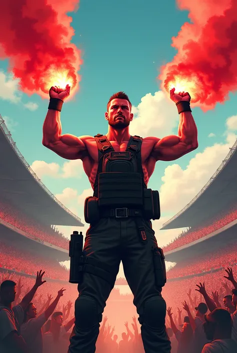 a male fighter holding two smoke flares with the camera facing forward. Illustration in the style of organized fans. image from the waist up.