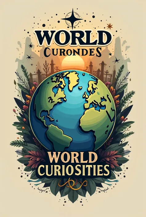 Logo with the phrase: WORLD CURIOSITIES  , PLACE THE FIGURE OF THE WORLD AND OTHER OBJECTS 