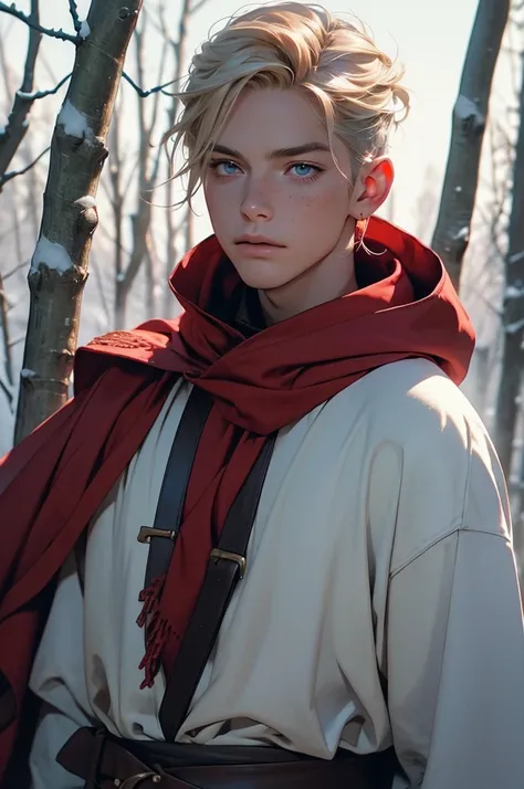 A young man with blond hair, light blue eyes, long eyelashes, and freckles wearing a red hooded cape, a medieval assassin style outfit with leather and a dagger, standing in a snowy forest with a red fleur-de-lys in the background, (best quality,4k,8k,high...