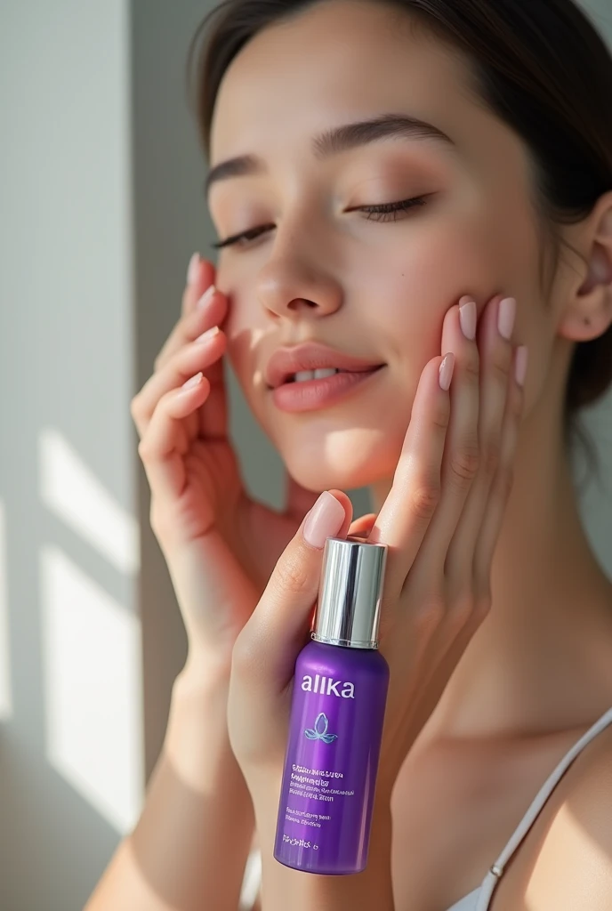 Serum with purple packaging from Alika Skin being applied