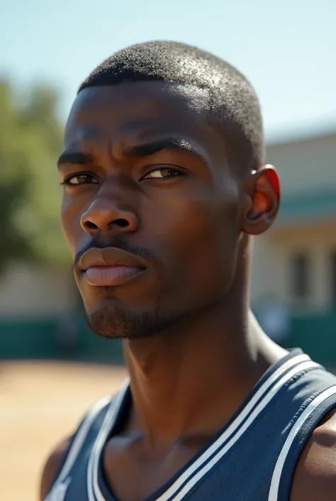 Handsome young black man, shaved hair. high, strong , closed. Wearing school basketball team clothes. beautiful. in the schoolyard. 4K, realistic, detailed face