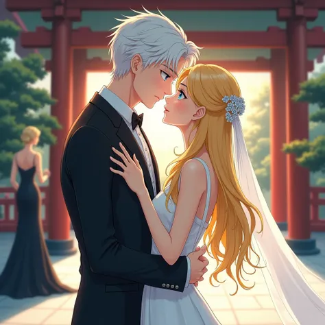 image of a man with bright white hair and deep sky blue eyes very tall, flirtatious smile, woman with long straight yellow hair with blue eyes and short stature, In the background there is a Japanese temple. They are getting married in gala attire for an e...