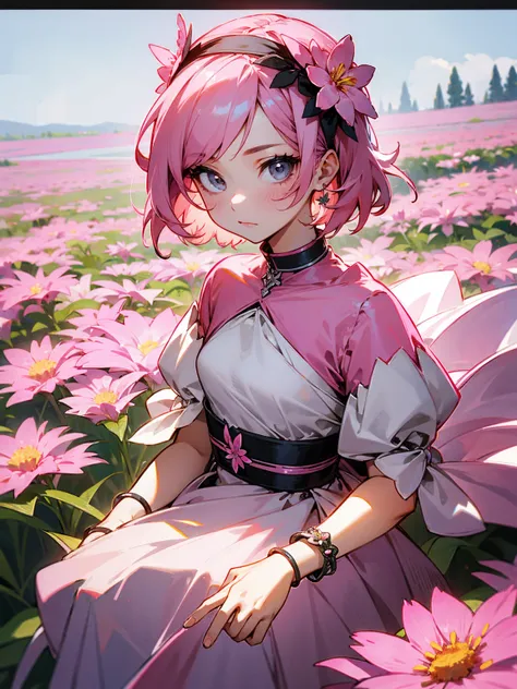 1female, pink hair, flower headband, flower bracelet, grey eyes, flower dress, flower plains