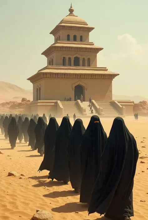 A group of people, women and young men, mostly wearing black robes and head coverings, walk through an entrance in 
. Desert, and in front of them, three degrees of racing. 