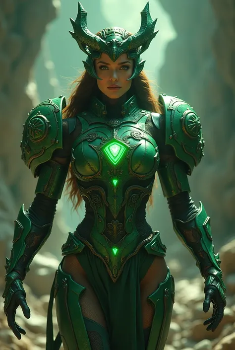 intricate detailed Warhammer 40k green Salamander big heavy armor,Mark VII Armor (Fusion from both Lingerie and Mecha), head of dragon symbol in her breast, worn by a stunningly beautiful goddess of lust, masterfully crafted armor plates, glowing goddess d...