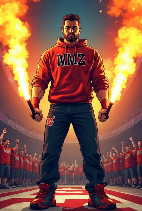 a male wrestler in a sweatshirt holding two flares with the camera facing the camera. Illustration in the style of organized fans. 