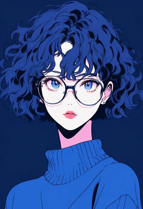 (best quality, sketch:1.2), realistic, illustrator, anime, 1 girl, 30-year-old, alone, thin, slender, small breasts!!!, short hair, bob cut, curly hair, different hairstyles, thin, slender, detailed lips, sweater, custom, blue gradient background, neon hai...