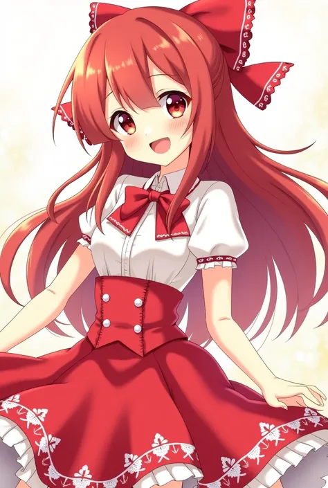 Anime of a girl with red hair and red eyes, with a red and white dress, showing an adorable and cheerful smile.