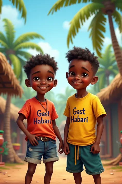 Create two tanzania boy wearing  t-shirts writen GAST HABARI