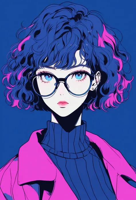 (best quality, sketch:1.2), realistic, illustrator, anime, 1 girl, 30-year-old, alone, thin, slender, small breasts!!!, short hair, bob cut, curly hair, different hairstyles, thin, slender, detailed lips, sweater, custom, blue gradient background, neon hai...